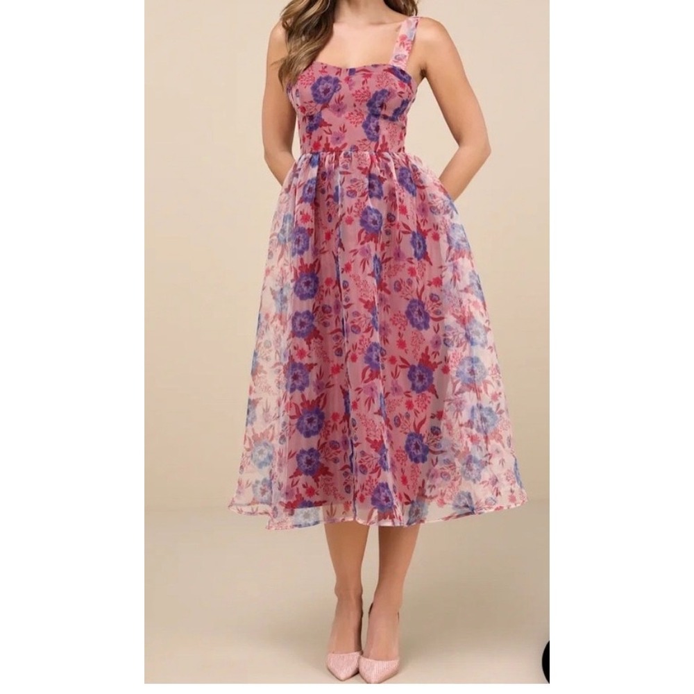 Lulus Floral Organza Midi Dress Womens XL Pink Purple NWT Sweetheart A-Line